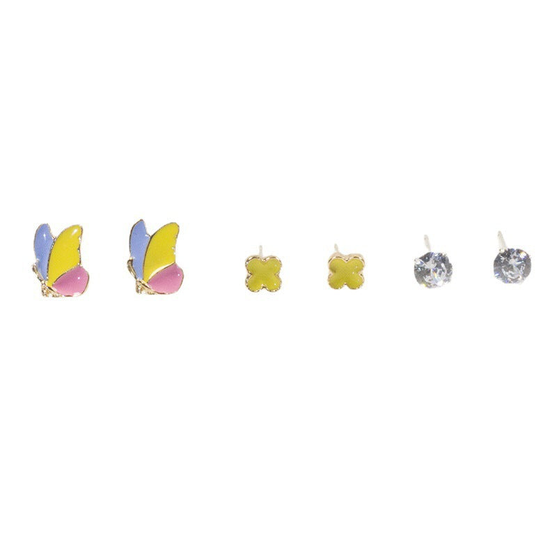 Butterfly four-leaf clover stud earrings set