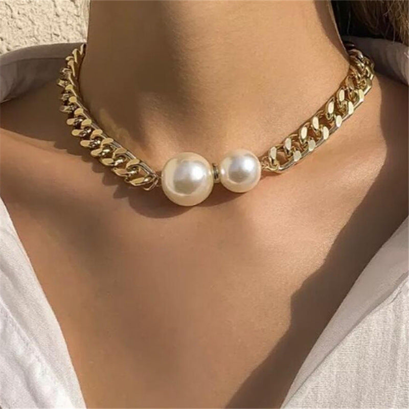 Punk Link Chain Necklace Classic White Baroque Pearl
