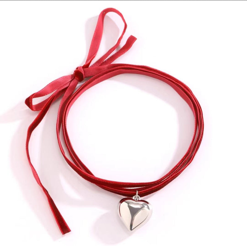 Double Layer Pink Lace Chain Metal Heart Pendant Choker Necklace