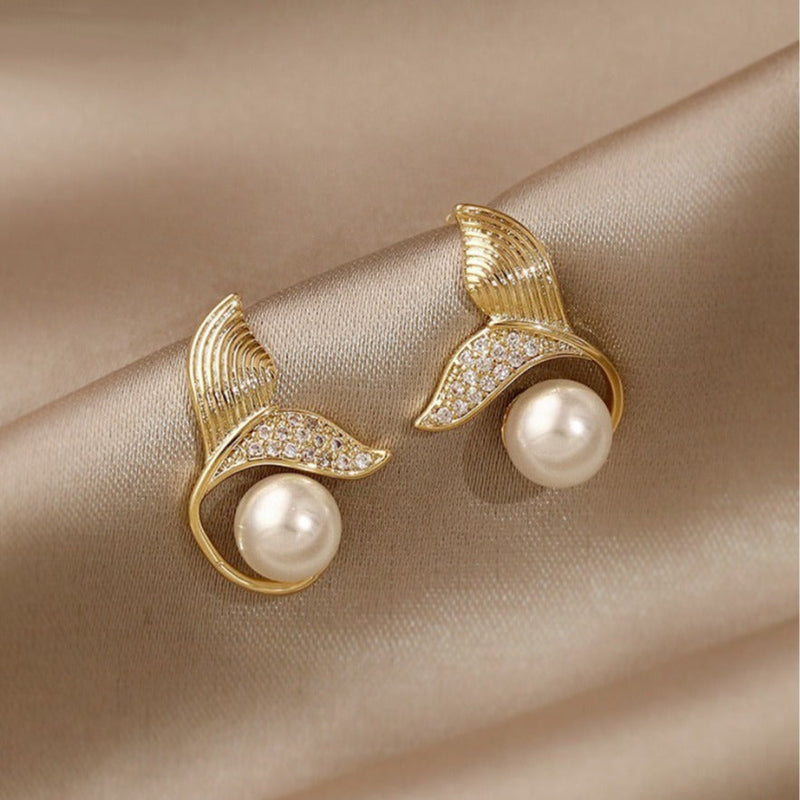 Graceful Pearl Mermaid Tail Stud Earrings