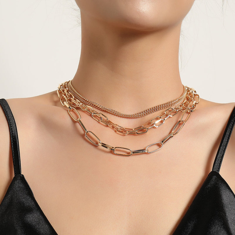 Punk Style Geometric Multi-Layered Mixed Chain Link Necklace