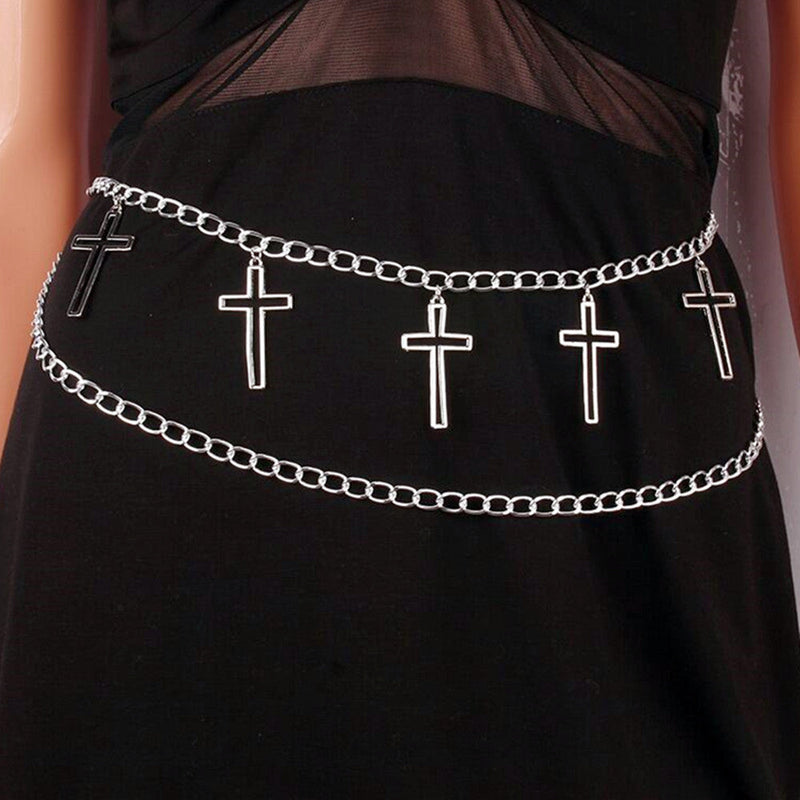 Girls Punk Double Row Waist Chain With Cross Pendant