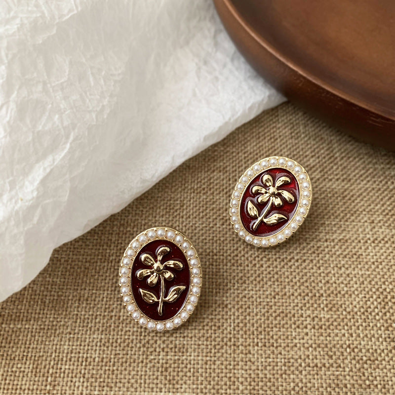 Vintage Camellia Pearl Stud Earrings