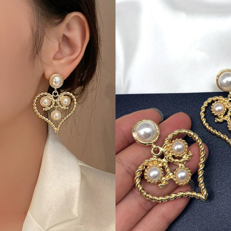 Hollow love Heart Pearl Earrings