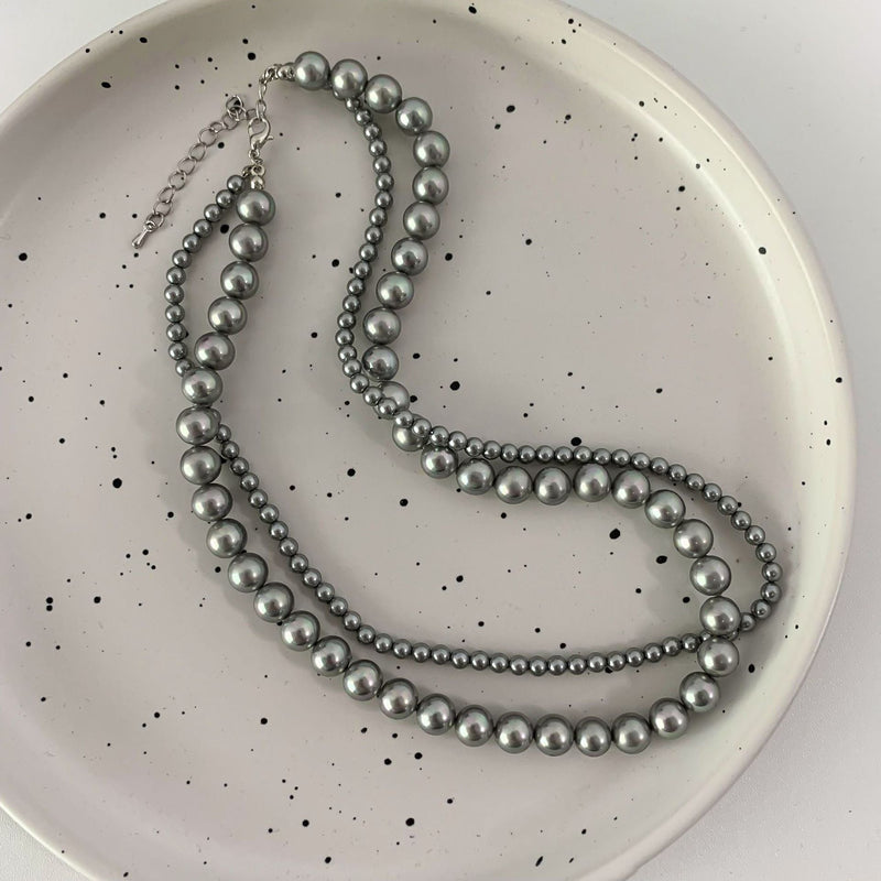 Grey Glass Layer Pearl Beaded Necklaces