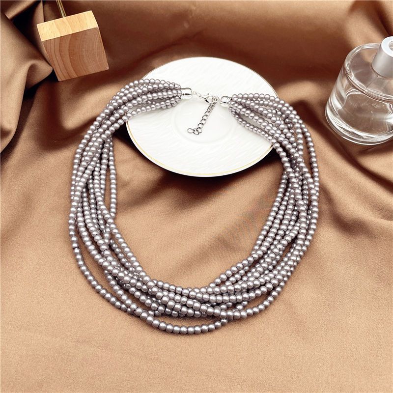 Pearl Layer Chain Grey Glass Choker Necklaces