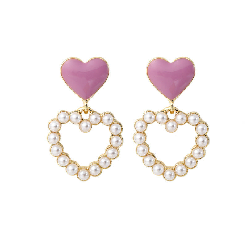Sweet Heart Earrings Geometric Hollow Love Pearl Earrings
