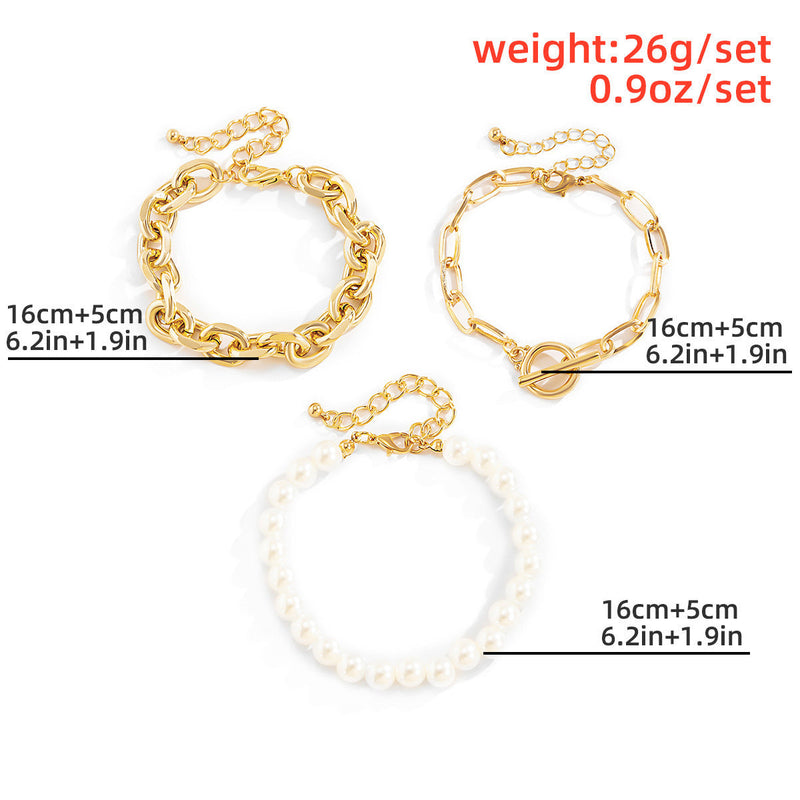Women Pearl Bead Chunky Chain Bracelet Set