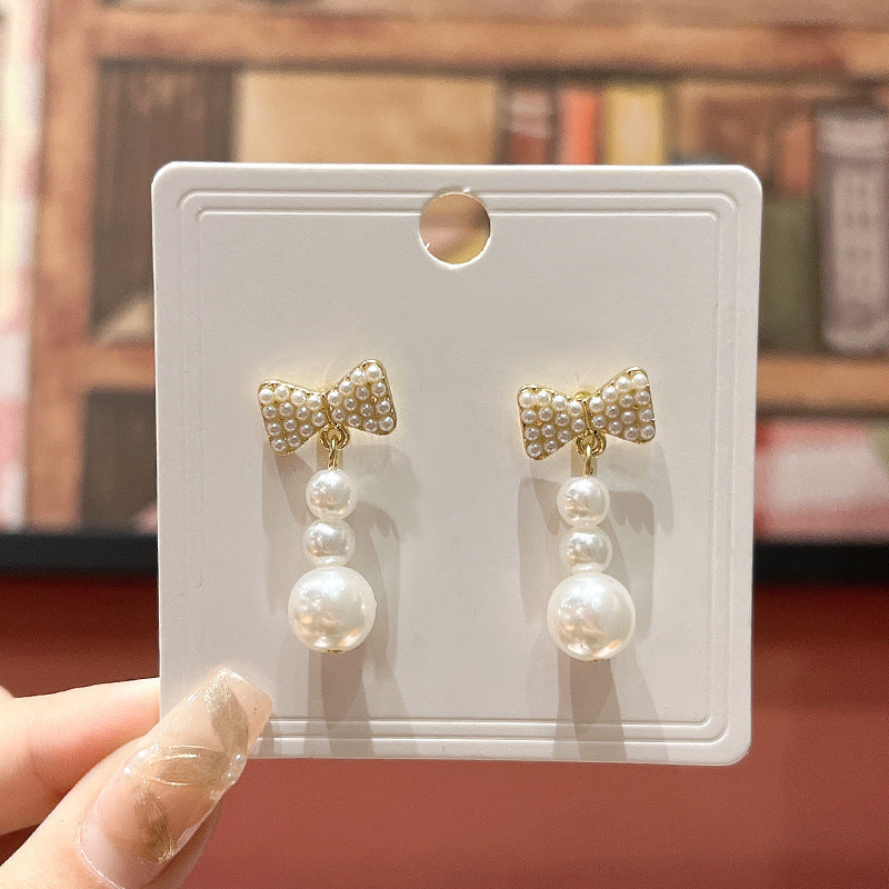 Long Tassel Pearl Bow Earrings