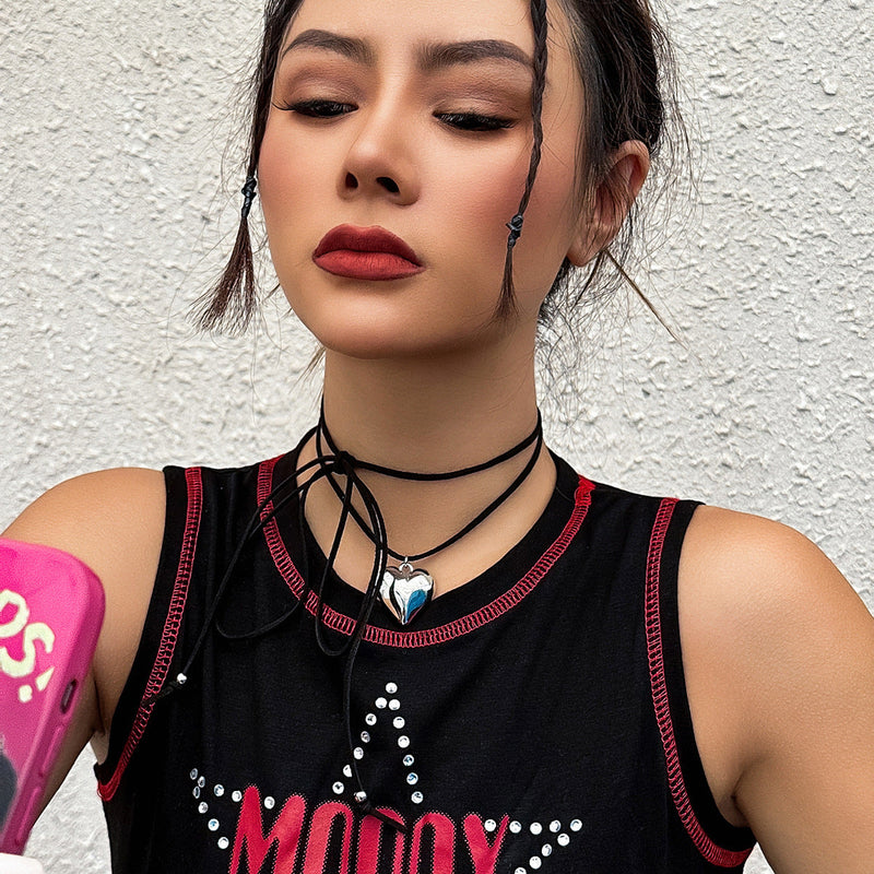 Heart Pendant Black Leather Wax Necklace