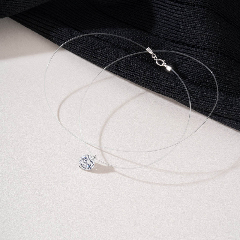 S925 Mermaid Tear Floating CZ Necklace, Sterling Silver Invisible Fishing Line 6-8mm Cubic Zirconia Pendant, 40+5cm Adjustable Dainty Minimalist Choker