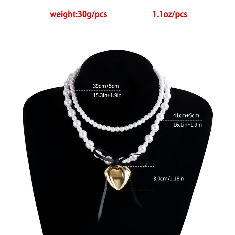 Pearl Bead Neckchain Black Ribbon Bowknot Heart Pendant Necklace
