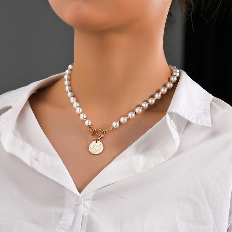 Pearl Necklace Beaded Coin Pendant Women