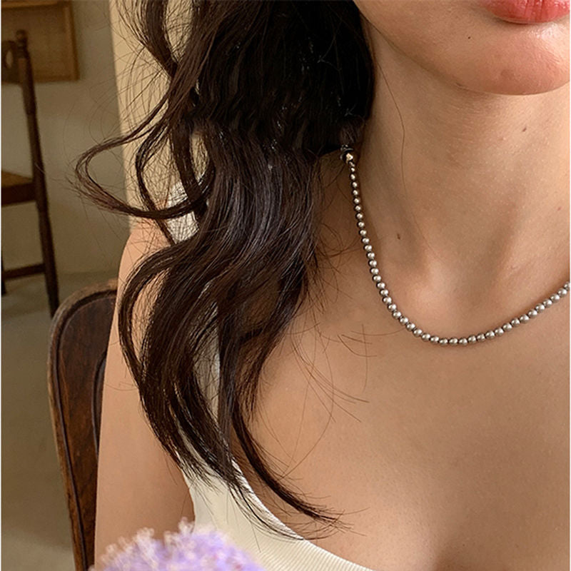 Beaded Strand Pearl Choker Necklace Gray Pearl