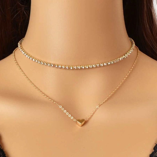 Layer Heart Rhinestone Chain Necklace