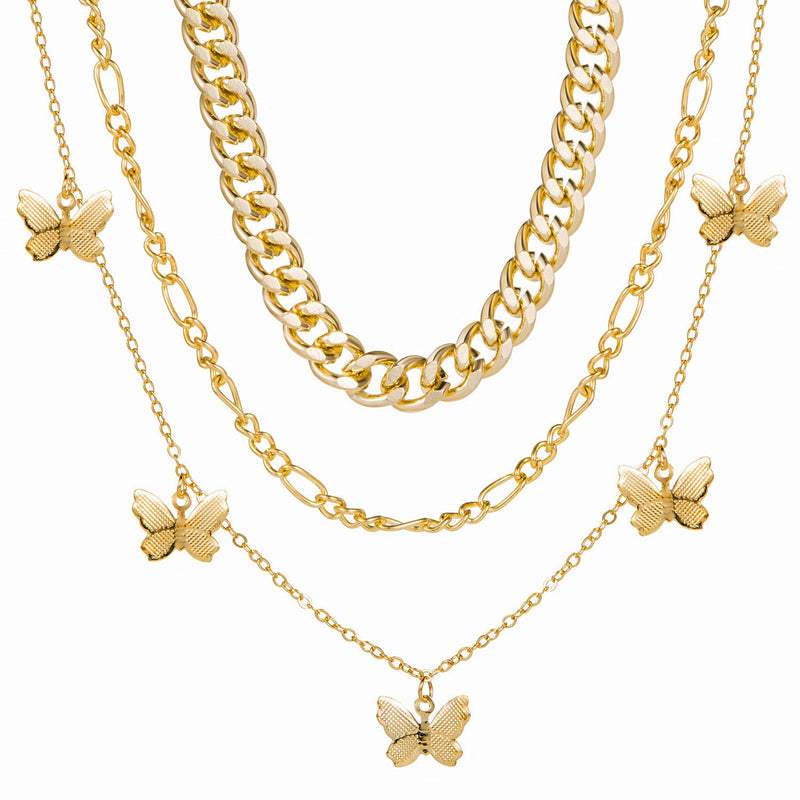 Butterfly Pendant Multi Layered Chain Necklace