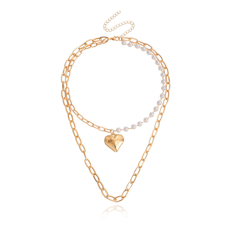 Double Layer Pearl Love Heart Pendant Necklace