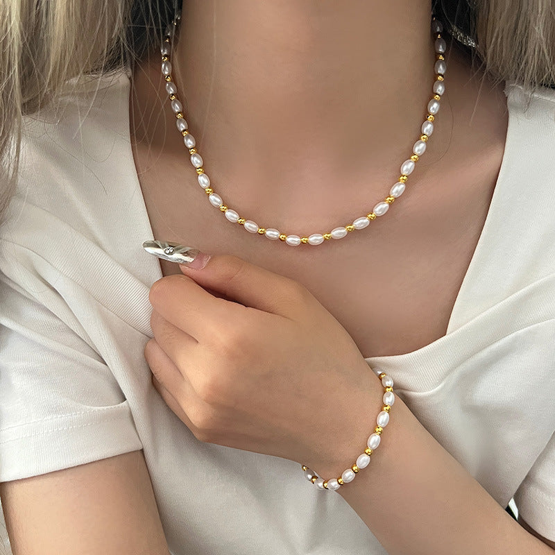 Women White Pearl Beaded Choker Necklace Lady Oval Necklaces