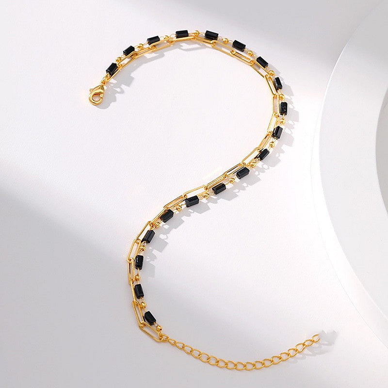 Beach Black Crystal Anklet Chain Layer Beaded Foot Bracelet