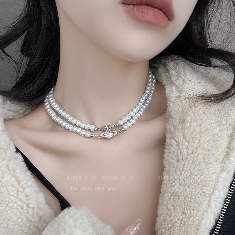 Double Pearl Saturn Magnetic Buckle Necklace