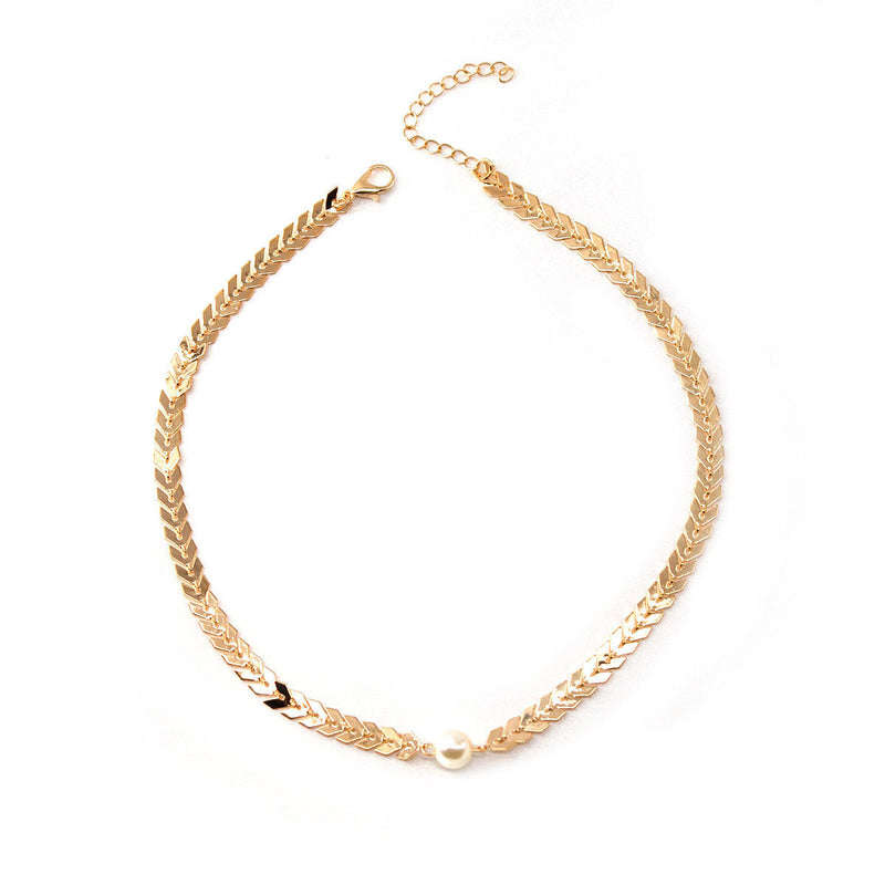 Simple Pearl Charm Gold Fish Bone Chain Short Choker Necklace