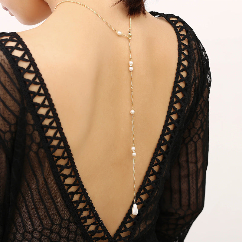 Long Tassel Back Chain Pearl Bead Necklace