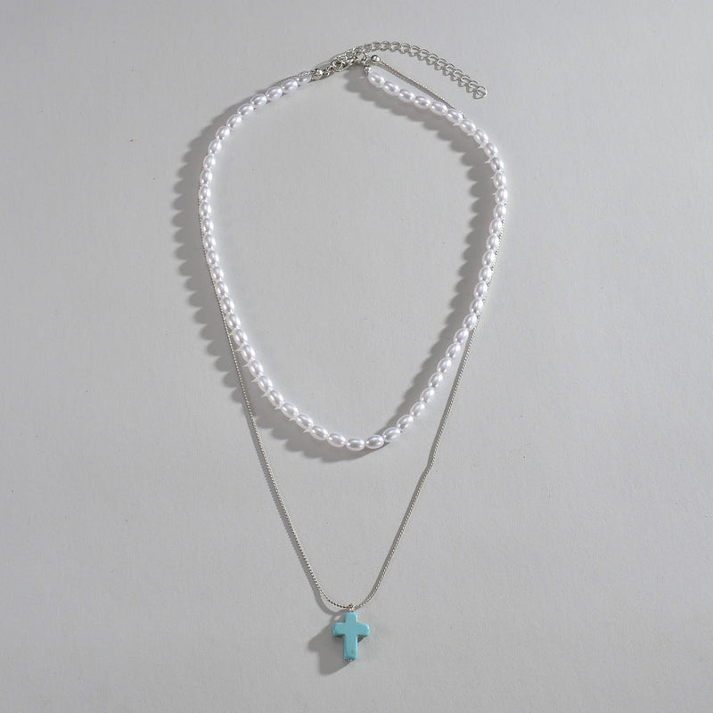 Turquoise Cross Pendant Stone Pearl Multi Layer Necklace