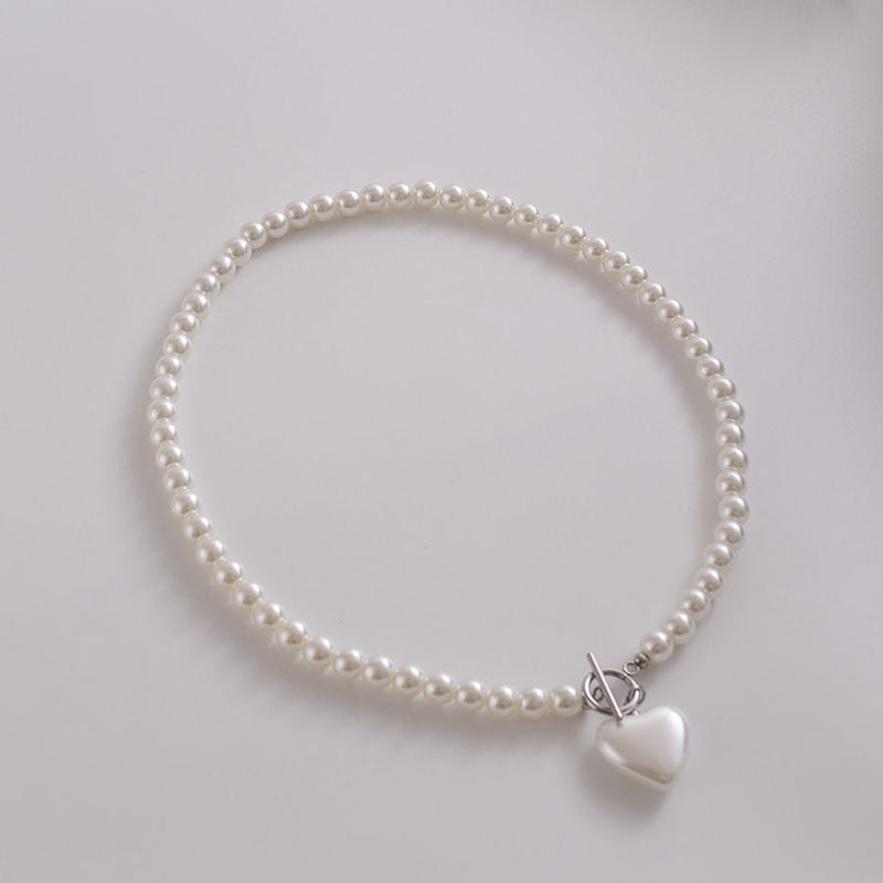 Glass Pearl Love Pendant Necklace with Clavicle Chain