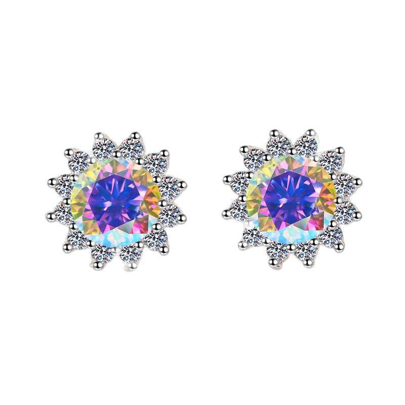 S925 Colorful Moissanite/CZ Sunflower Halo Stud Earrings, 12 Color 0.5ct D-Grade VVS Certificate, Hypoallergenic Sterling Silver Jewelry Gift