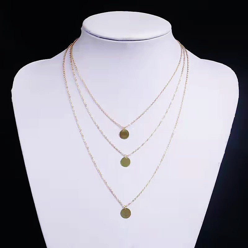 Layered Chain Round Pendant Necklace