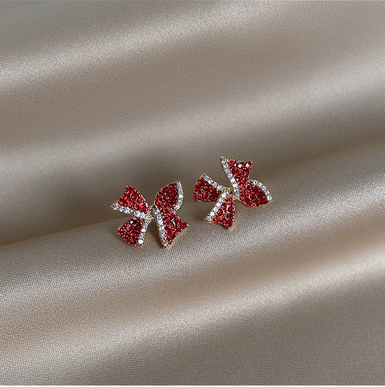 Red Rhinestone Bow Stud Earrings