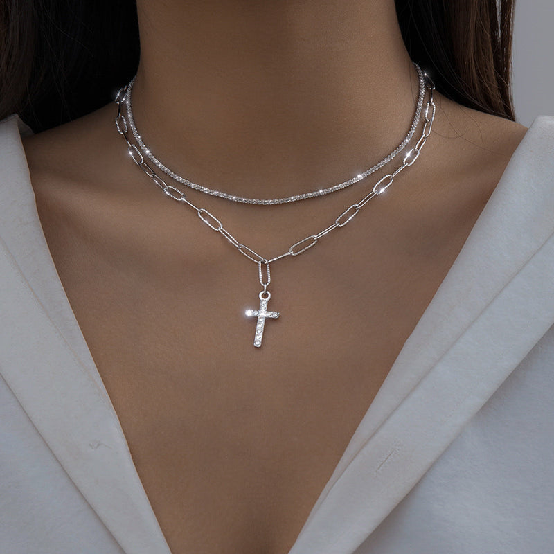 Retro Rhinestone Cross Pendant Multi-layer Chain Necklace Jewelry
