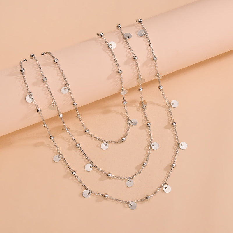 Chain Multi Layer Bead Necklace 3 Strand Disc Pendant Necklaces