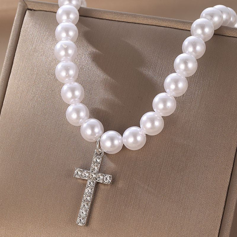 Choker Cross Pendant Pearl Beaded Necklace
