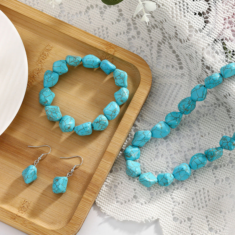 Vintage Turquoise Bracelet Irregular Beaded Necklace Elastic Bracelet Earrings Pendant Set