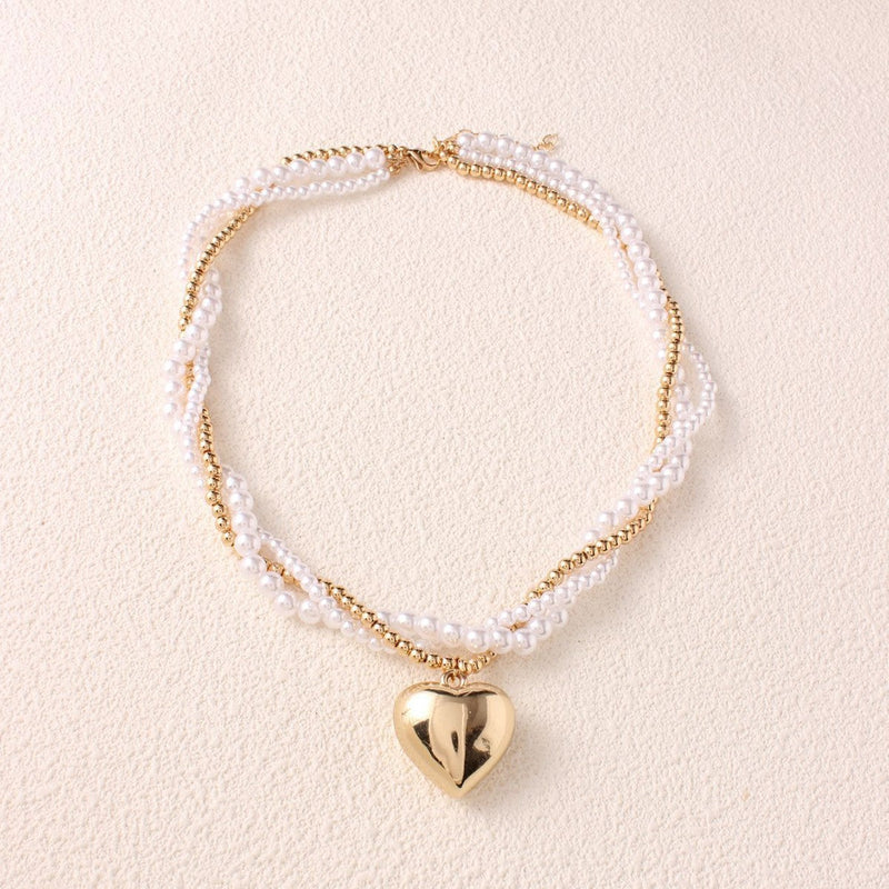 Elegant Vintage Twisted Pearl Beaded Heart Pendant Necklace