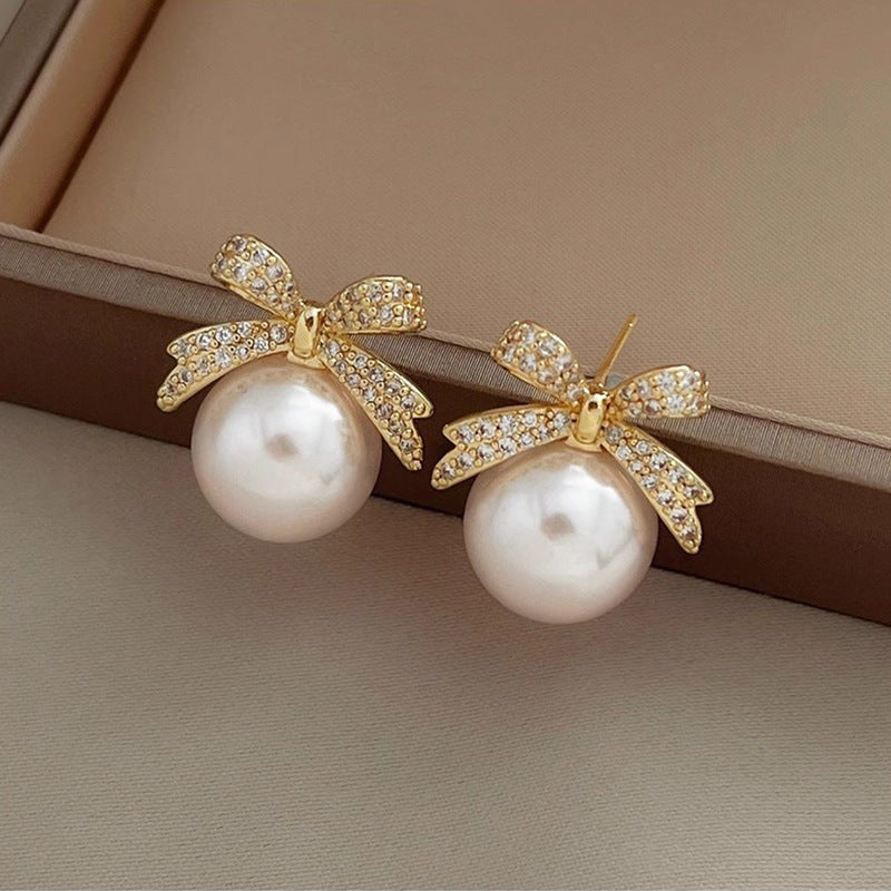Fashion Bow Rhinestone Pearl Stud Earrings