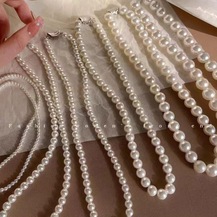 Women French Style Fever Glass Pearl Beads Choker Necklace