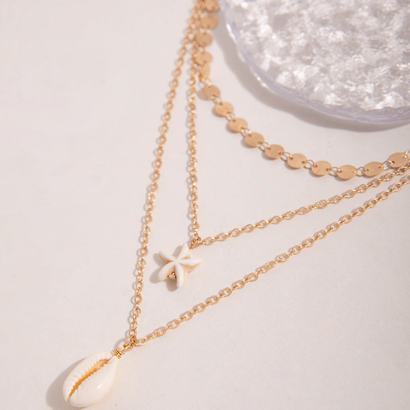 Multi Layer Chain Shell Choker Pendant Necklace
