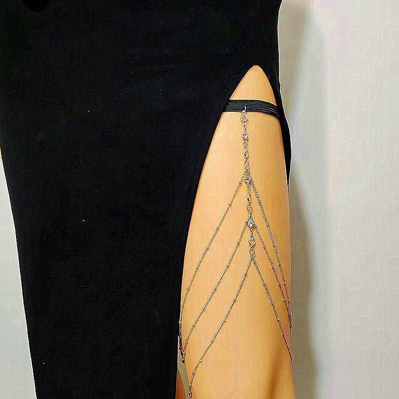 Sexy Multilayer Bead Chain Rhinestone Tassel Adjustable Elastic Thigh Chain