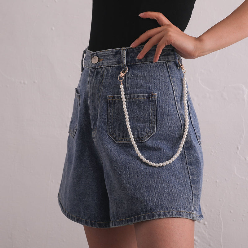 Women Multilayer Pearl Metal Waist Jean Pant Chain