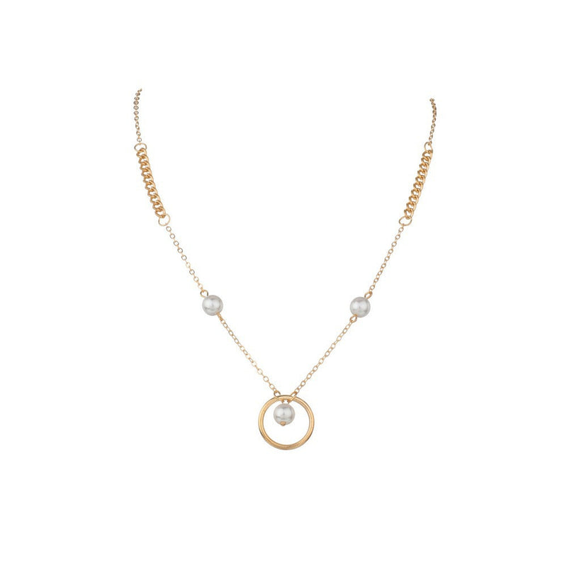 Chain Circle Pearl Charm Necklace