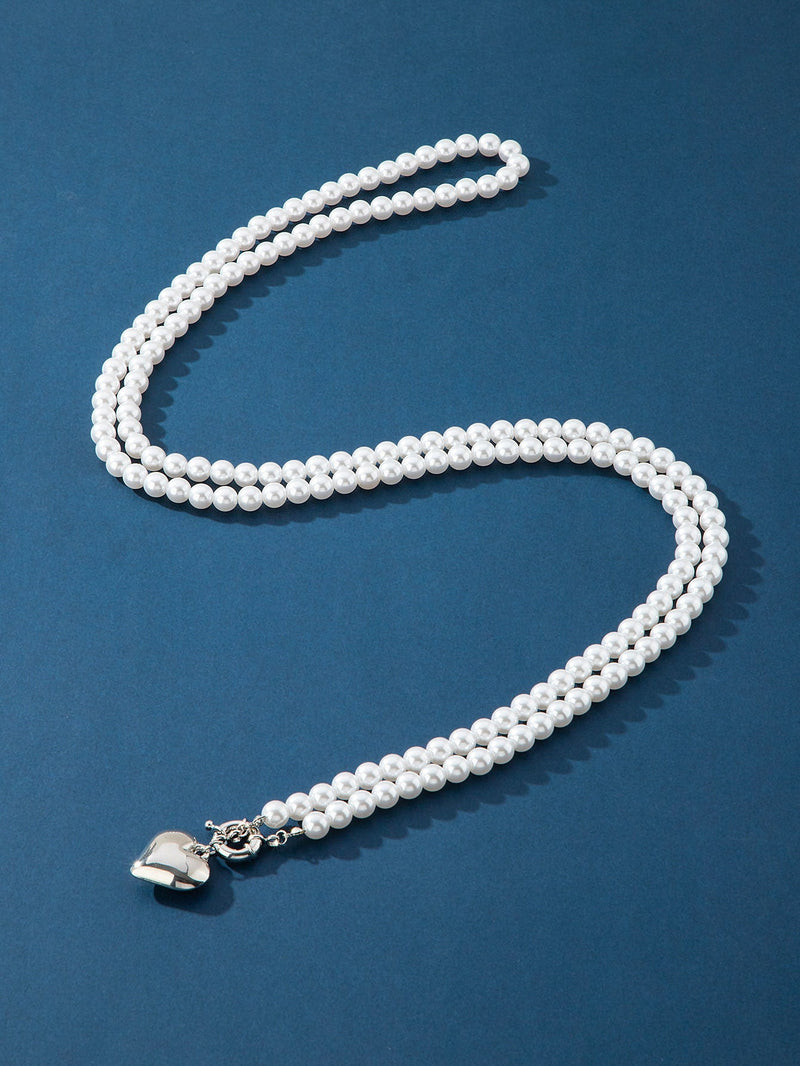 Imitation Pearl Multilayer Choker Necklace for Women Elegant Heart Pendant Necklace