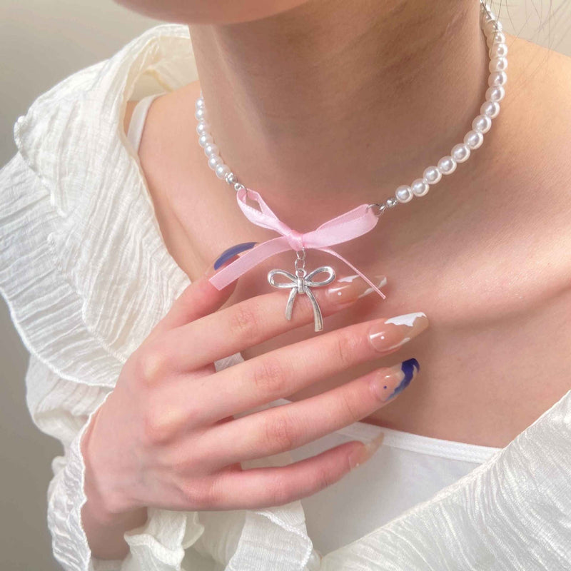 Romantic pink love Bow Pearl Necklace