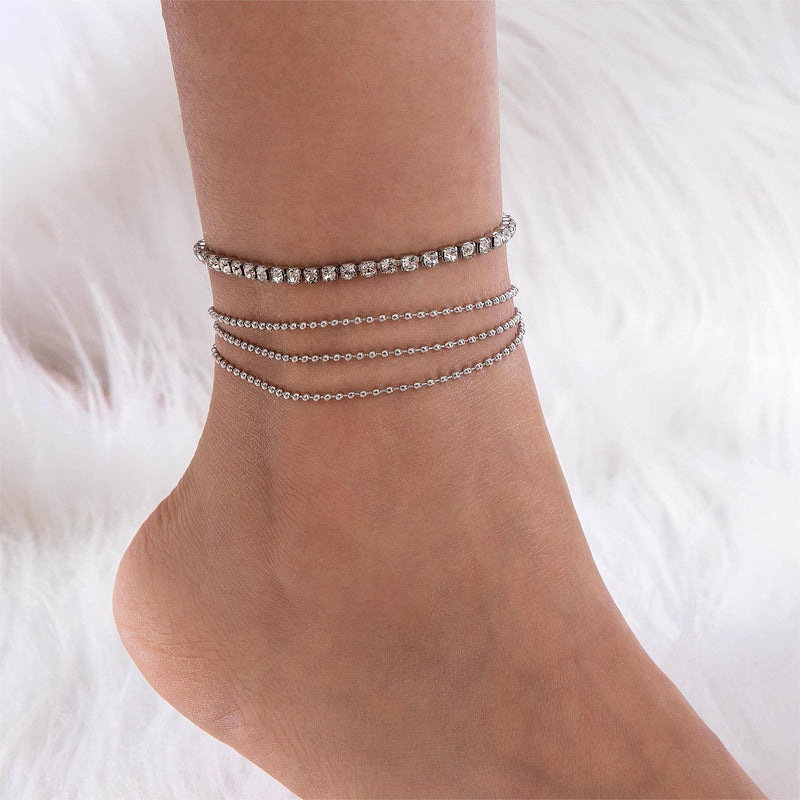 Boho Layered Crystal Anklets Rhinestone Ankle Bracelets Chain