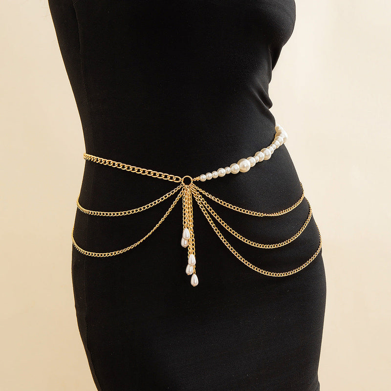 Double-Layer Pearl Chain Love Bow Tassel Waist Chain Body Jewelry