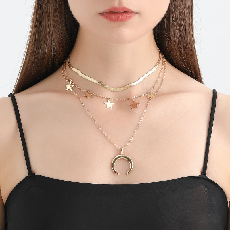 Geometry Star Moon Pendant Multilayer Chain Choker Necklace