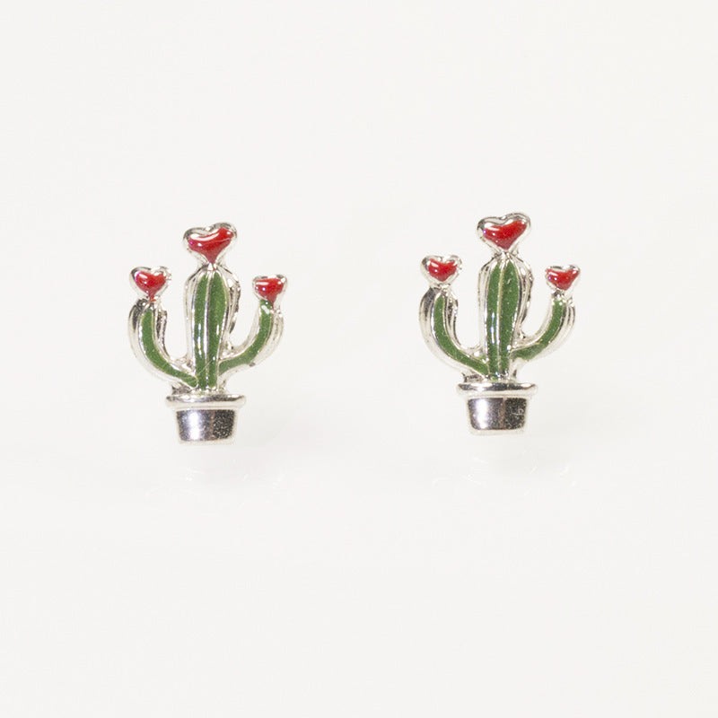 Green Cactus Enamel Stud Earrings