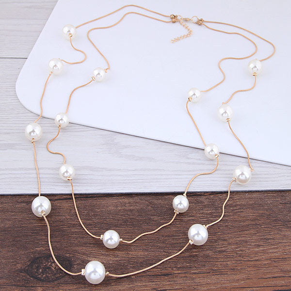 Double Beads Neck Chain Pearl Choker Necklace