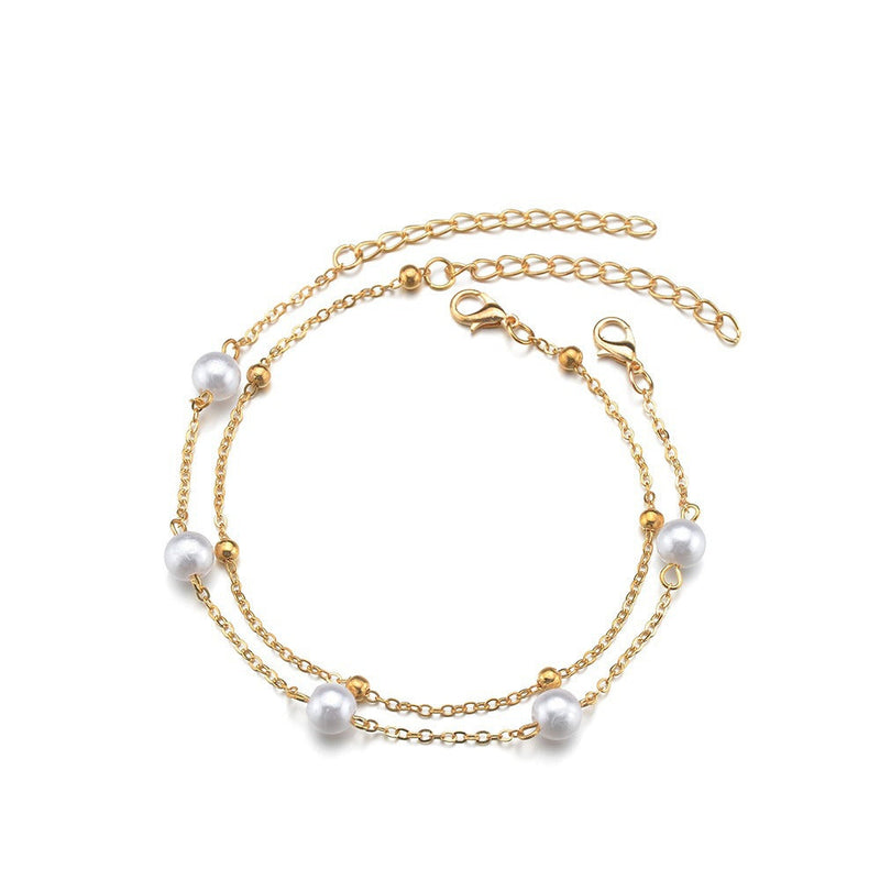 Boho Style Imitation Pearl Layered Beaded Anklet Jewelry